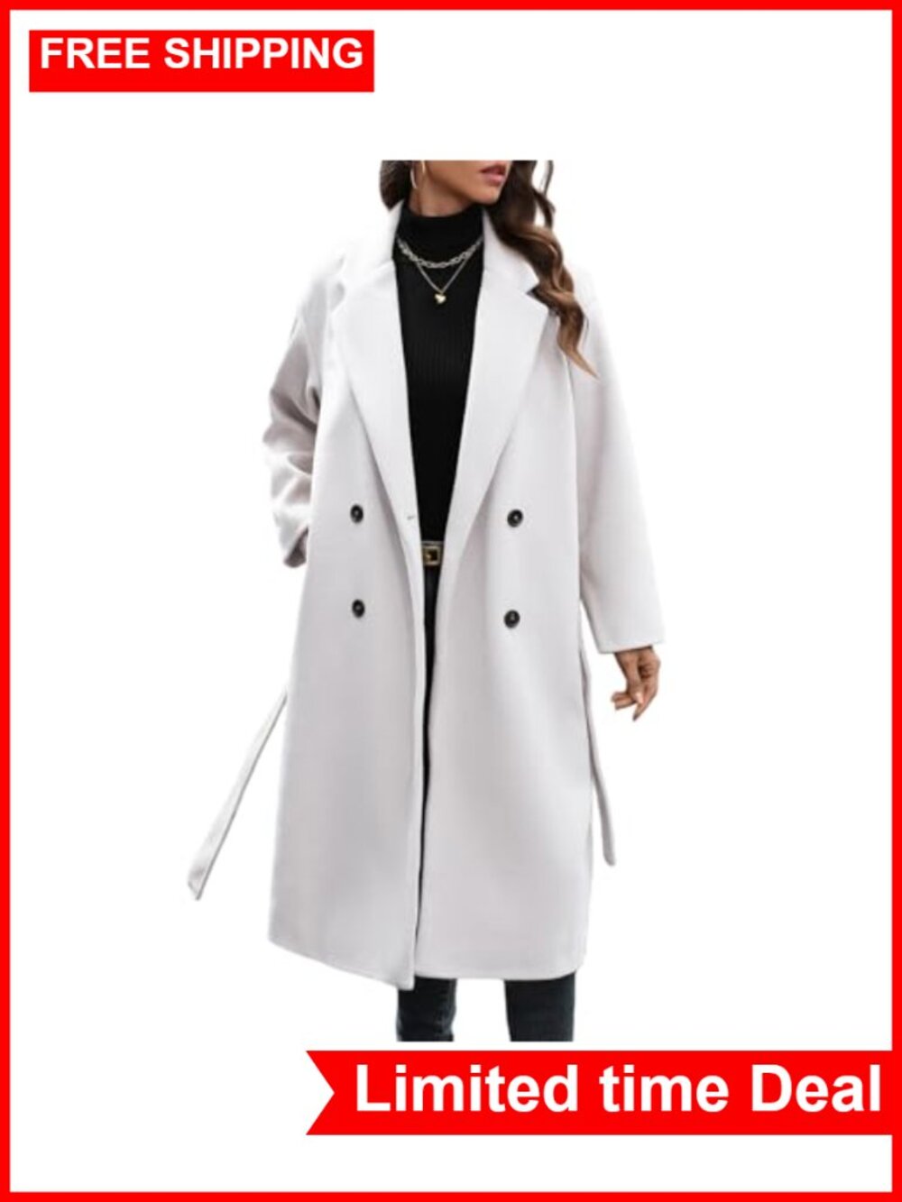 HOTIAN Women's Winter Wool Blend Coat Double Breasted Notch Lapel Long Trench